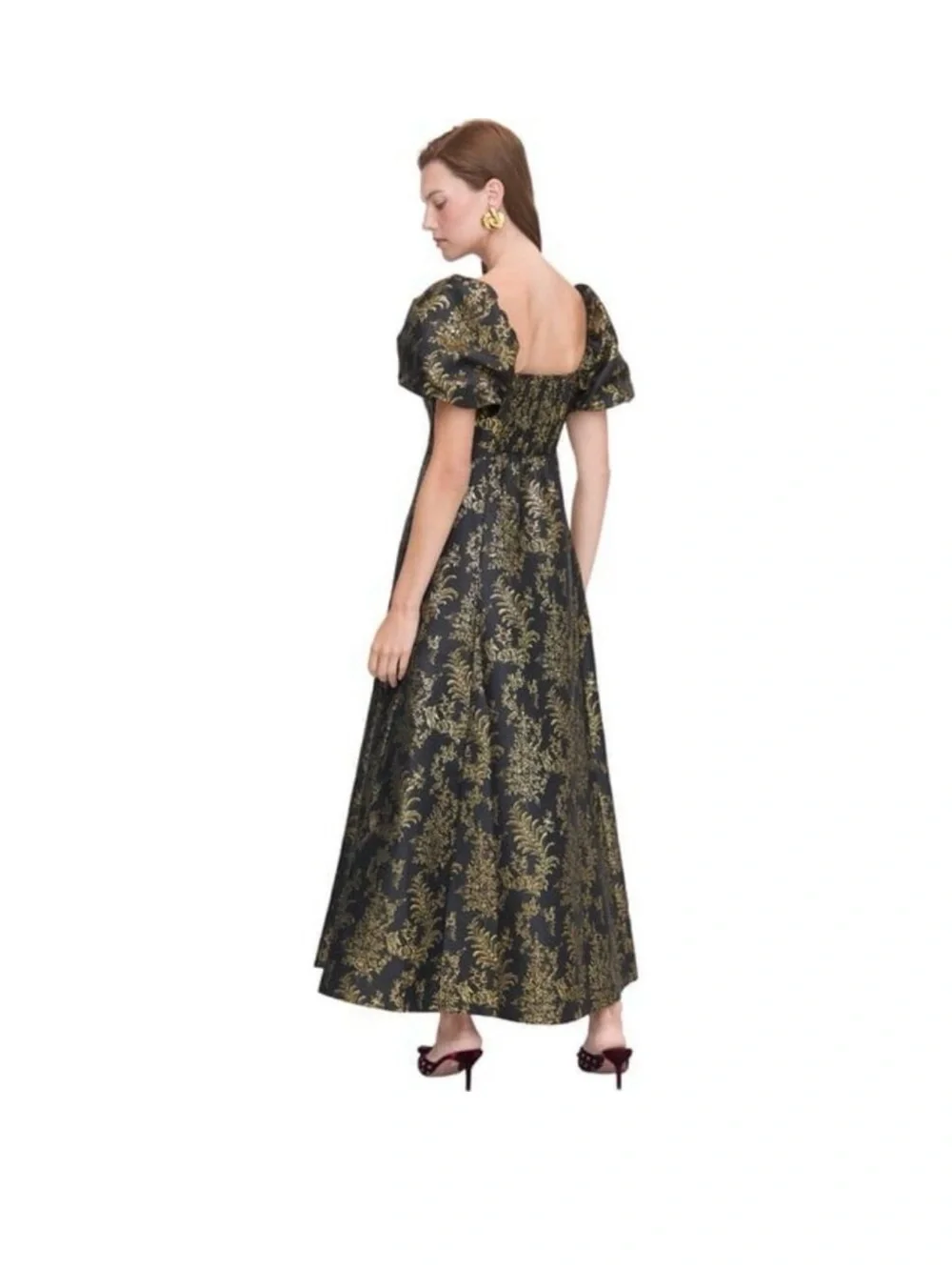 Hill House The Matilda in Black Gold Bird Brocade Smocked Dress size M - Picture 3 of 5
